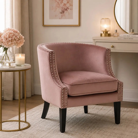 Pink Velvet Studded Accent Chair – Soft Glam Bedroom & Living Room Chair
