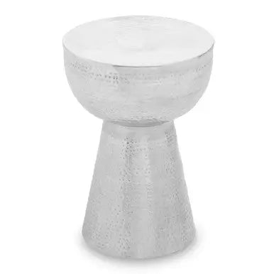 Polished Silver Aluminium Accent Table with Tapered Base and Subtle Hammered Detail, Rabia