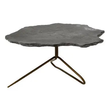 Rany Grey Stone and Antique Brass Coffee Table with Freeform Edge