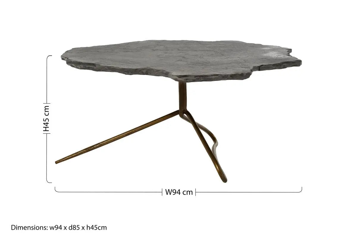 Rany Grey Stone and Antique Brass Coffee Table with Freeform Edge