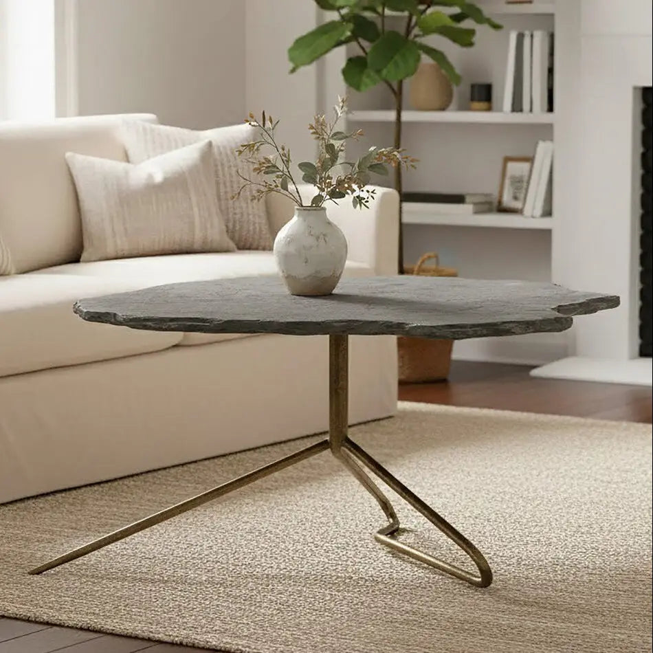 Rany Grey Stone and Antique Brass Coffee Table with Freeform Edge