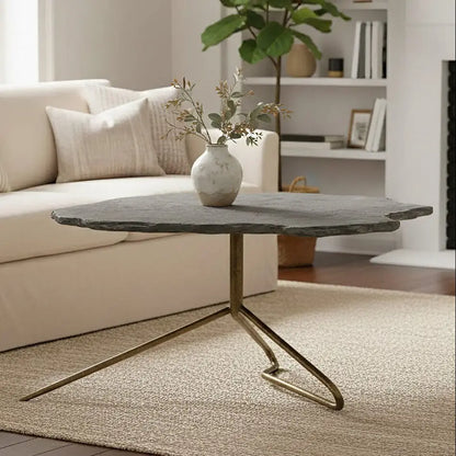 Rany Grey Stone and Antique Brass Coffee Table with Freeform Edge