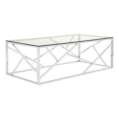 Rectangular Tempered Glass Top Coffee Table with Champagne Gold Geometric Steel Legs, Allure