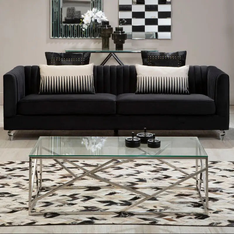 Rectangular Tempered Glass Top Coffee Table with Champagne Gold Geometric Steel Legs, Allure