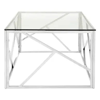 Rectangular Tempered Glass Top Coffee Table with Champagne Gold Geometric Steel Legs, Allure
