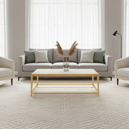 Rectangular White Marble Coffee Table with Warm Gold Stainless Steel Frame, Alvaro