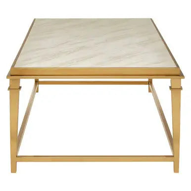 Rectangular White Marble Coffee Table with Warm Gold Stainless Steel Frame, Alvaro
