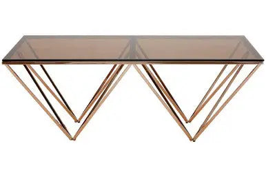 Red-Tinted Tempered Glass Top Coffee Table with Geometric Prismatic Champagne Metal Legs, Allure