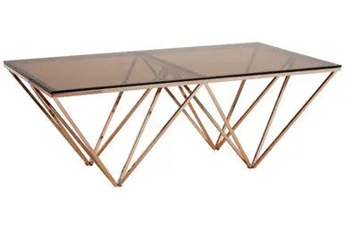Red-Tinted Tempered Glass Top Coffee Table with Geometric Prismatic Champagne Metal Legs, Allure