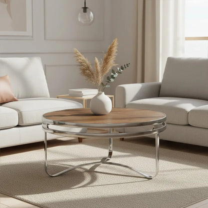 Richmond Natural Wooden Round Coffee Table with Silver Finish Base