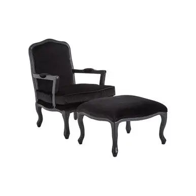 Rococo Black Velvet Chair and Footstool with Carved Hardwood Frame