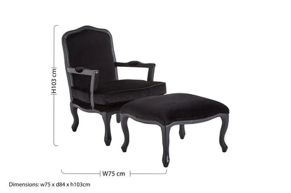 Rococo Black Velvet Chair and Footstool with Carved Hardwood Frame