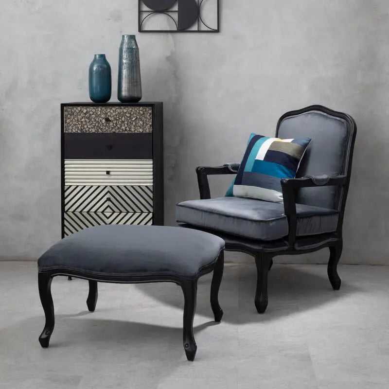 Rococo Grey Velvet Chair and Footstool Set