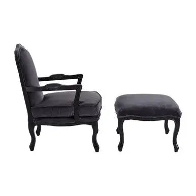 Rococo Grey Velvet Chair and Footstool Set