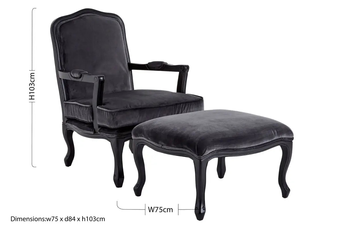 Rococo Grey Velvet Chair and Footstool Set