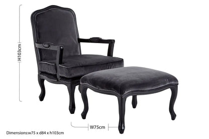 Rococo Grey Velvet Chair and Footstool Set