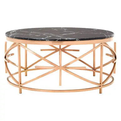 Rose Gold Finish Stainless Steel Frame Coffee Table with Black Marble Top, Alvaro