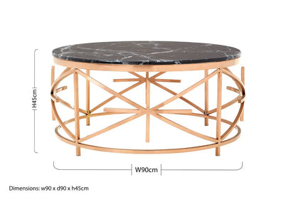 Rose Gold Finish Stainless Steel Frame Coffee Table with Black Marble Top, Alvaro