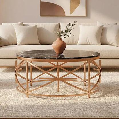 Rose Gold Finish Stainless Steel Frame Coffee Table with Black Marble Top, Alvaro