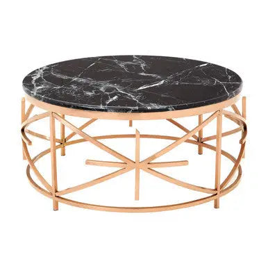 Rose Gold Finish Stainless Steel Frame Coffee Table with Black Marble Top, Alvaro