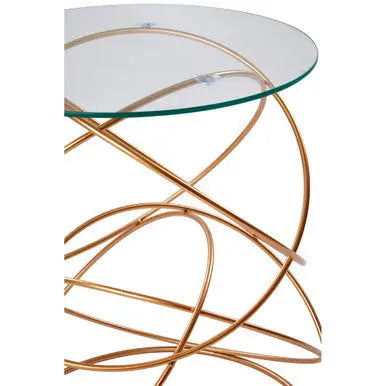Rose Gold Round Table with Tempered Glass Surface and Geometric Detailing, Lexa