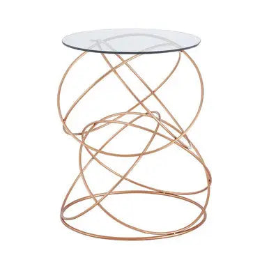 Rose Gold Round Table with Tempered Glass Surface and Geometric Detailing, Lexa