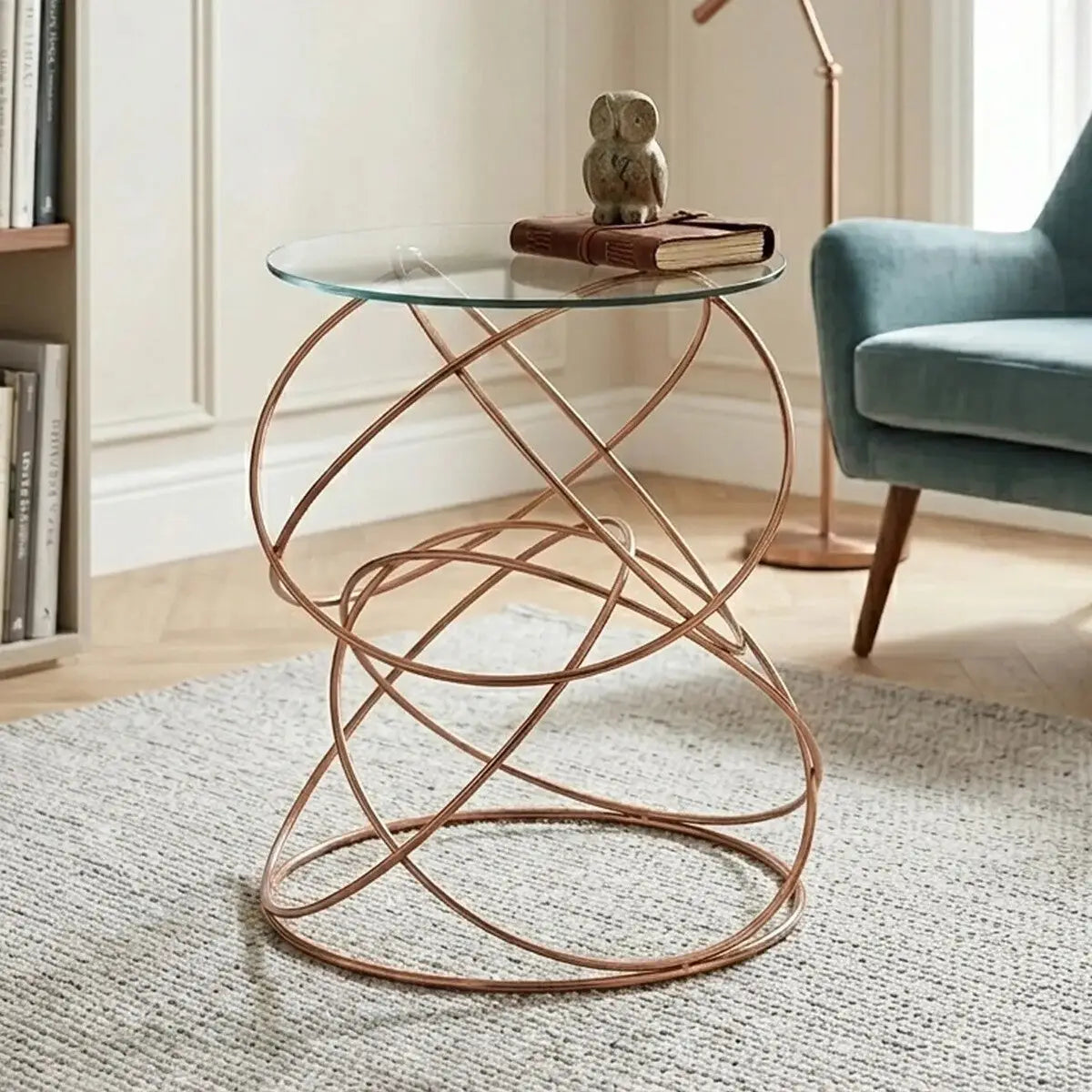 Rose Gold Round Table with Tempered Glass Surface and Geometric Detailing, Lexa