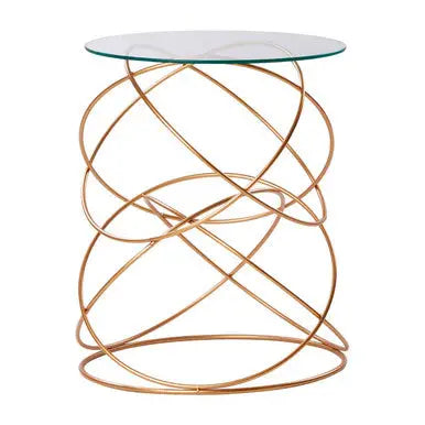 Rose Gold Round Table with Tempered Glass Surface and Geometric Detailing, Lexa