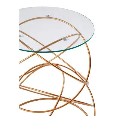Rose Gold Round Table with Tempered Glass Surface and Geometric Detailing, Lexa