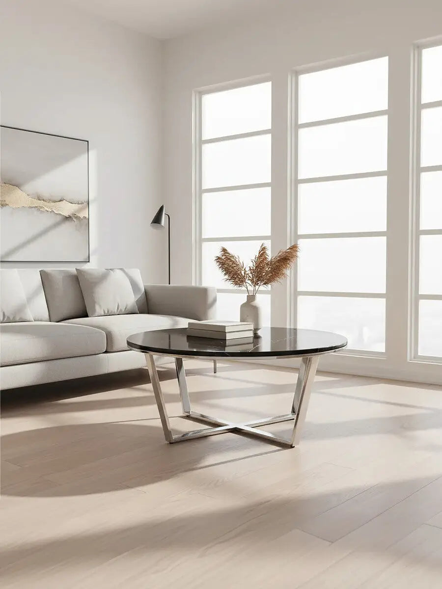 Round Black Faux Marble Coffee Table with Chrome Lattice Leg Design, Allure