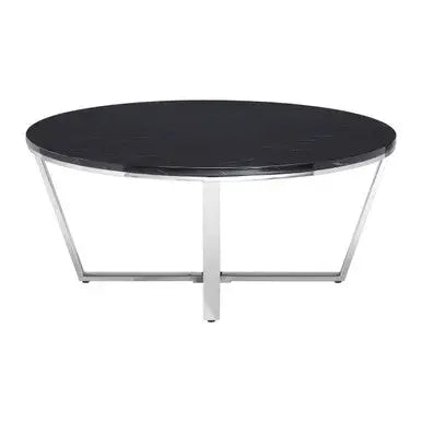Round Black Faux Marble Coffee Table with Chrome Lattice Leg Design, Allure