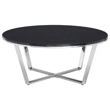 Round Black Faux Marble Coffee Table with Chrome Lattice Leg Design, Allure