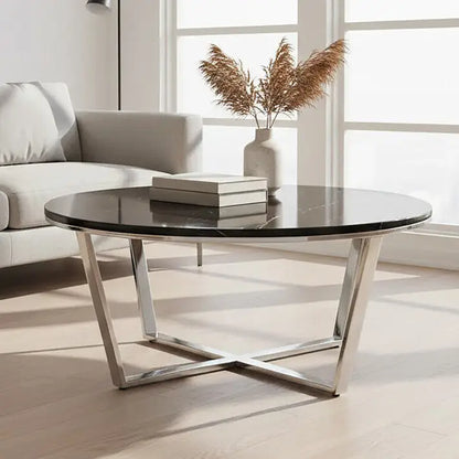 Round Black Faux Marble Coffee Table with Chrome Lattice Leg Design, Allure