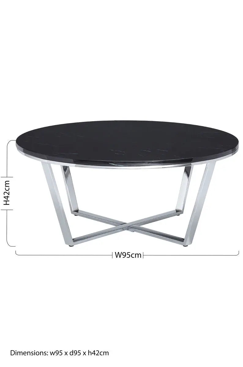 Round Black Faux Marble Coffee Table with Chrome Lattice Leg Design, Allure
