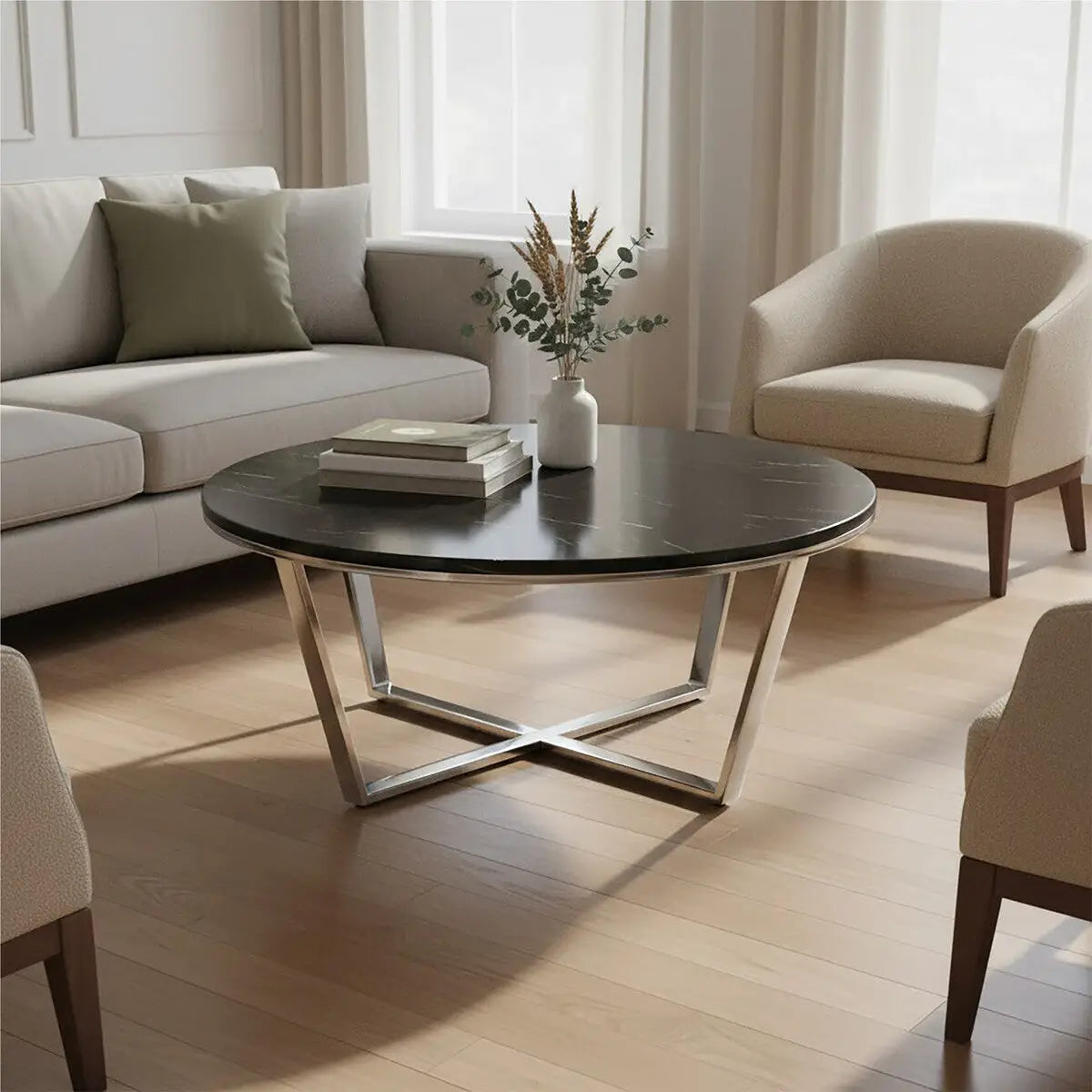 Round Black Faux Marble Coffee Table with Chrome Lattice Leg Design, Allure