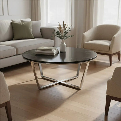 Round Black Faux Marble Coffee Table with Chrome Lattice Leg Design, Allure
