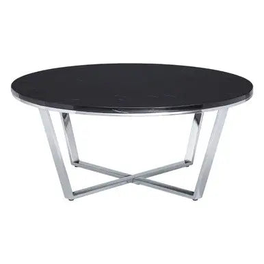 Round Black Faux Marble Coffee Table with Chrome Lattice Leg Design, Allure