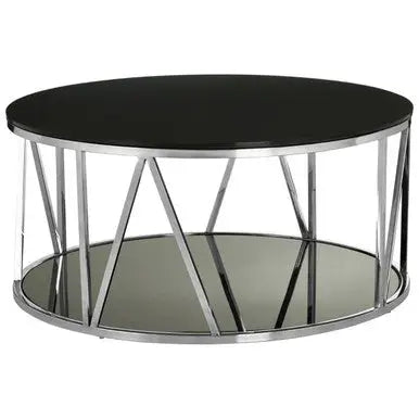 Round Chrome Finish Stainless Steel Base Coffee Table with Black Tempered Glass Top, Alvaro