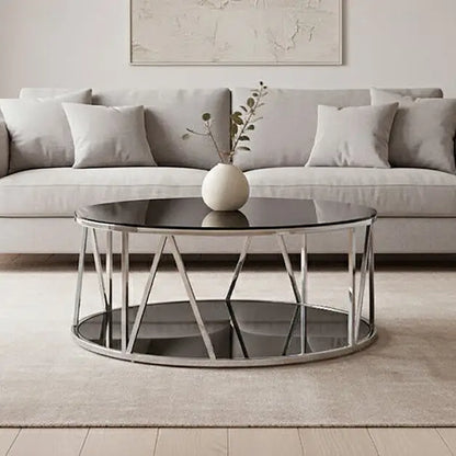 Round Chrome Finish Stainless Steel Base Coffee Table with Black Tempered Glass Top, Alvaro