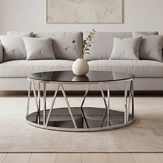 Round Chrome Finish Stainless Steel Base Coffee Table with Black Tempered Glass Top, Alvaro