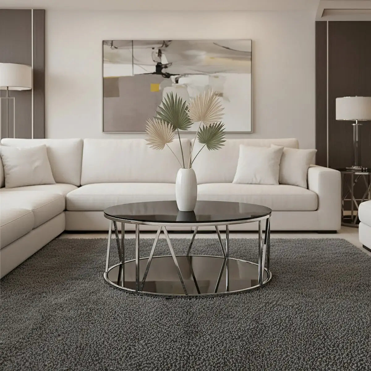 Round Chrome Finish Stainless Steel Base Coffee Table with Black Tempered Glass Top, Alvaro