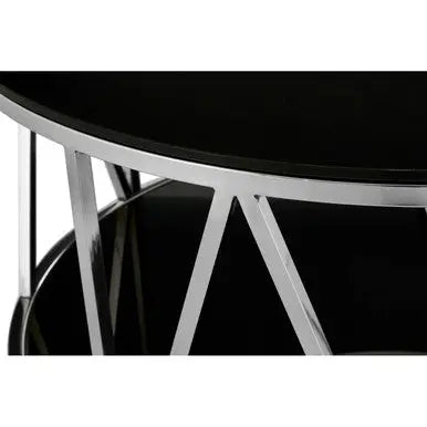 Round Chrome Finish Stainless Steel Base Coffee Table with Black Tempered Glass Top, Alvaro