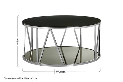 Round Chrome Finish Stainless Steel Base Coffee Table with Black Tempered Glass Top, Alvaro