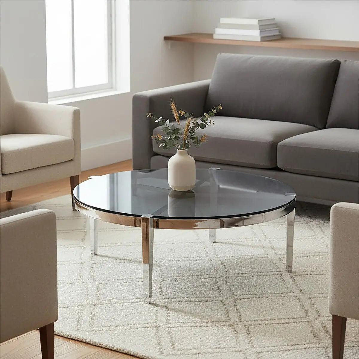 Round Coffee Table with Smoky Grey Glass Top, Piermount