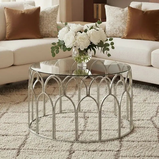 Round Glass Top and Silver Leaf Frame Coffee Table | Merlin
