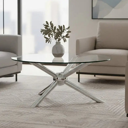 Round Silver Coffee Table with Tempered Glass Top, Novo