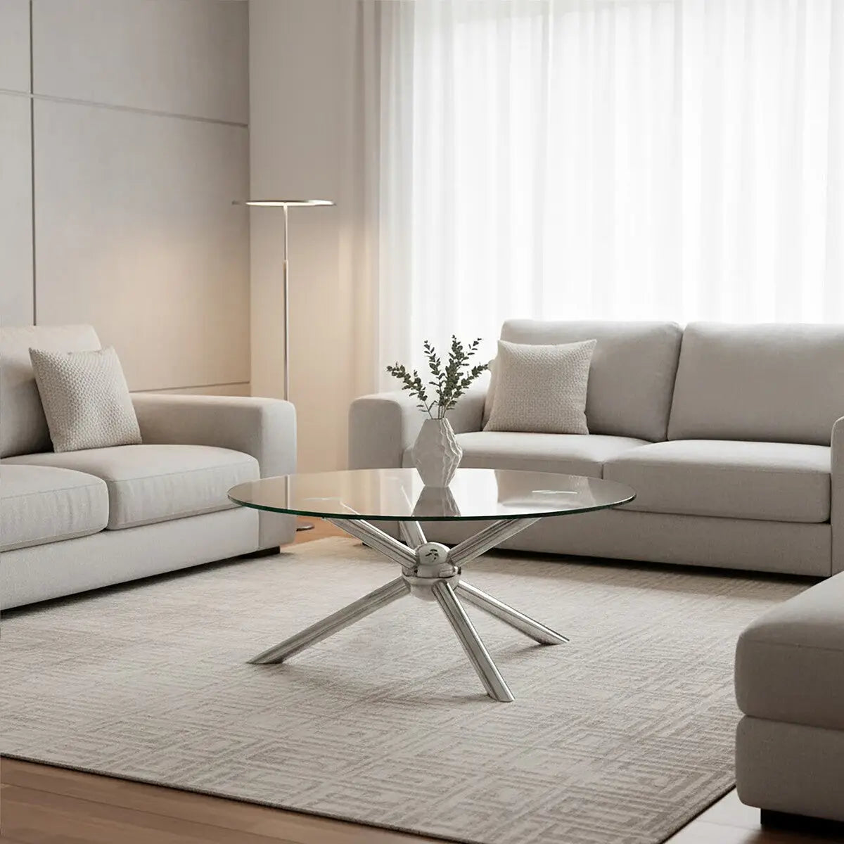 Round Silver Coffee Table with Tempered Glass Top, Novo