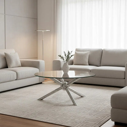 Round Silver Coffee Table with Tempered Glass Top, Novo