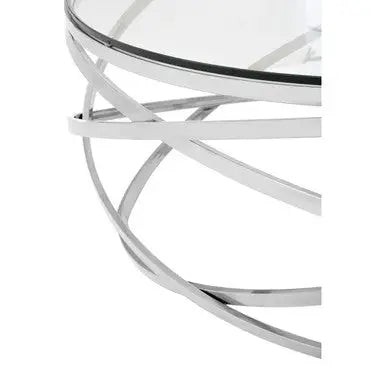 Round Tempered Glass Top Coffee Table with Silver Swirl Stainless Steel Hoop Base, Allure
