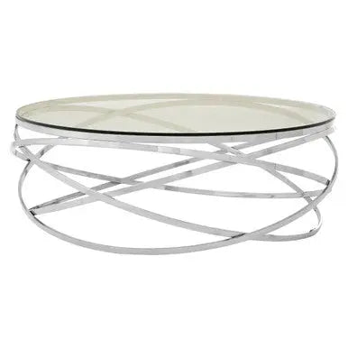Round Tempered Glass Top Coffee Table with Silver Swirl Stainless Steel Hoop Base, Allure